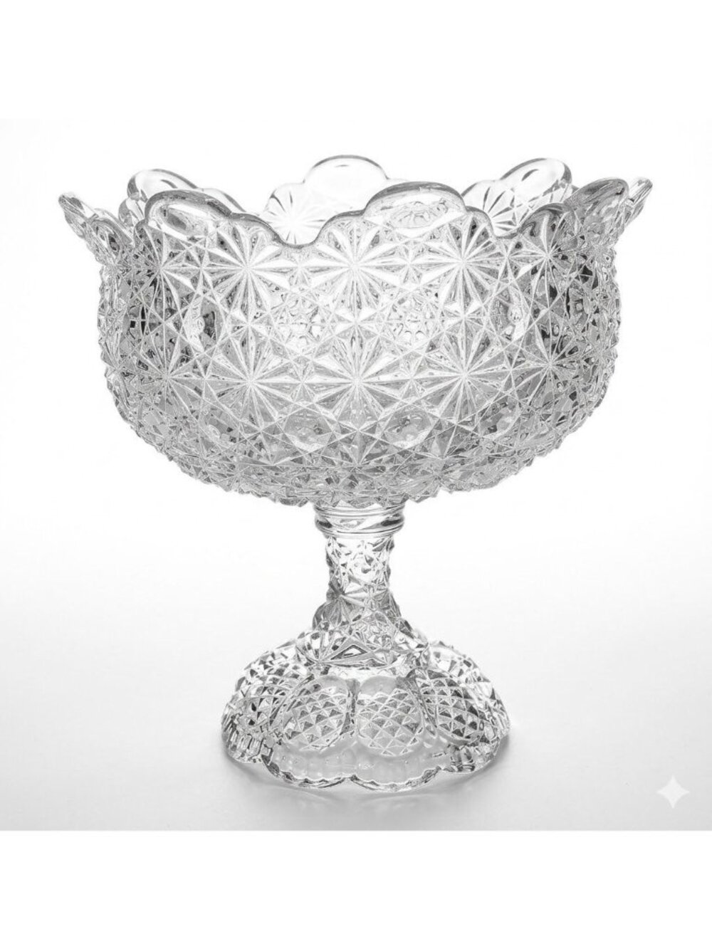 Vintage Daisy and Button Clear Glass Pedestal Bowl Scalloped Edge 8.5in Fruit
